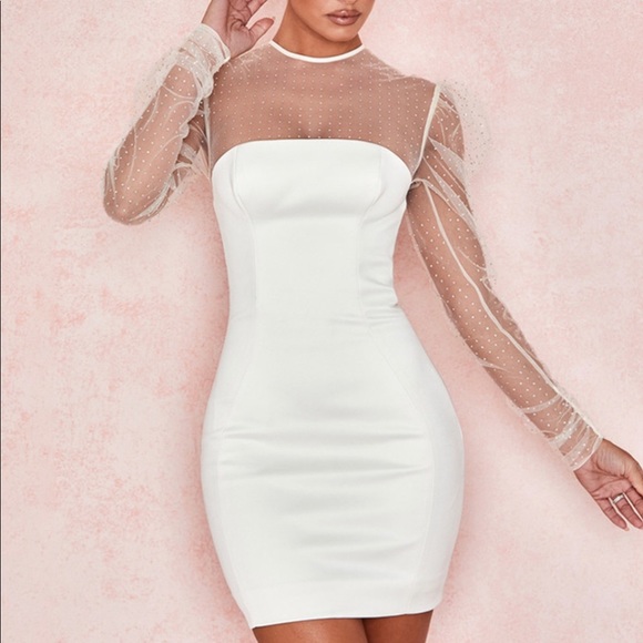New White Mesh Candy Girl Mini Puff Sleeve Dress - Picture 3 of 5